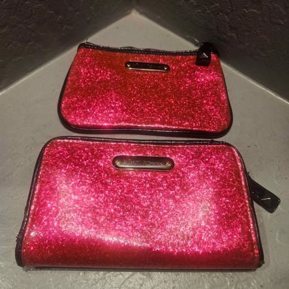 Betsey Johnson Pink Glitter Wallet and Pouch Set